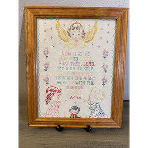 Vintage Embroidered Sampler Childs Prayer Now I Lay Me Down Needlepoint 14x17